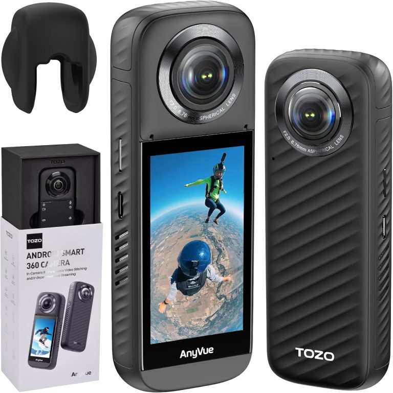 TOZO AnyVue Android Smart 360 Action Camera with 1/2″ 4800W CMOS, 5.7K 360 Video, 12K 360 Photo, Intelligent Tracking Action Camera with Editing App, Built-in GPS, 4K Live Streaming, 3.0″ Touchscreen